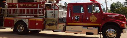 A red firetruck from "Avalon Fire Rescue."