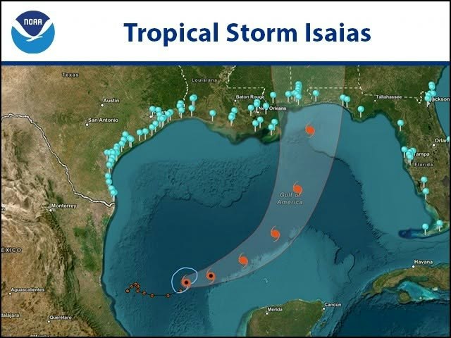 The image shows a map of the Gulf of Mexico with the projected path of Tropical Storm Isaias, indicating its intensity and possible impact areas.