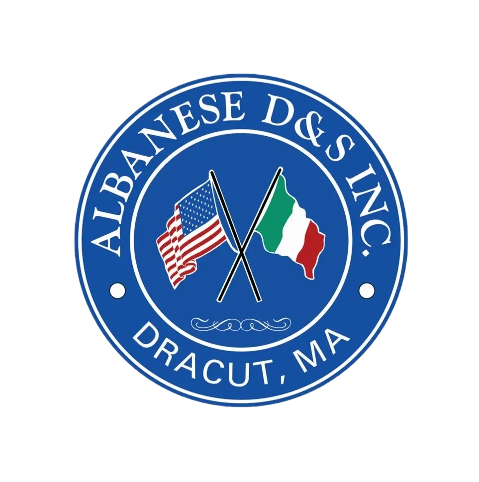 The image features a logo for "Albanese D&S Inc." with crossed flags of the USA and Italy, located in Dracut, MA.