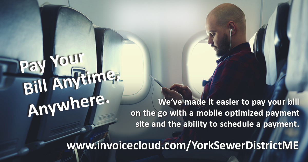 A man on a plane uses a mobile device. Text: "Pay Your Bill Anytime, Anywhere" with a website link for mobile bill payments.