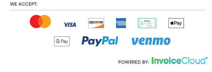 Payment methods accepted: Mastercard, Visa, Discover, Amex, eCheck, Apple Pay, Google Pay, PayPal, Venmo. Powered by InvoiceCloud.