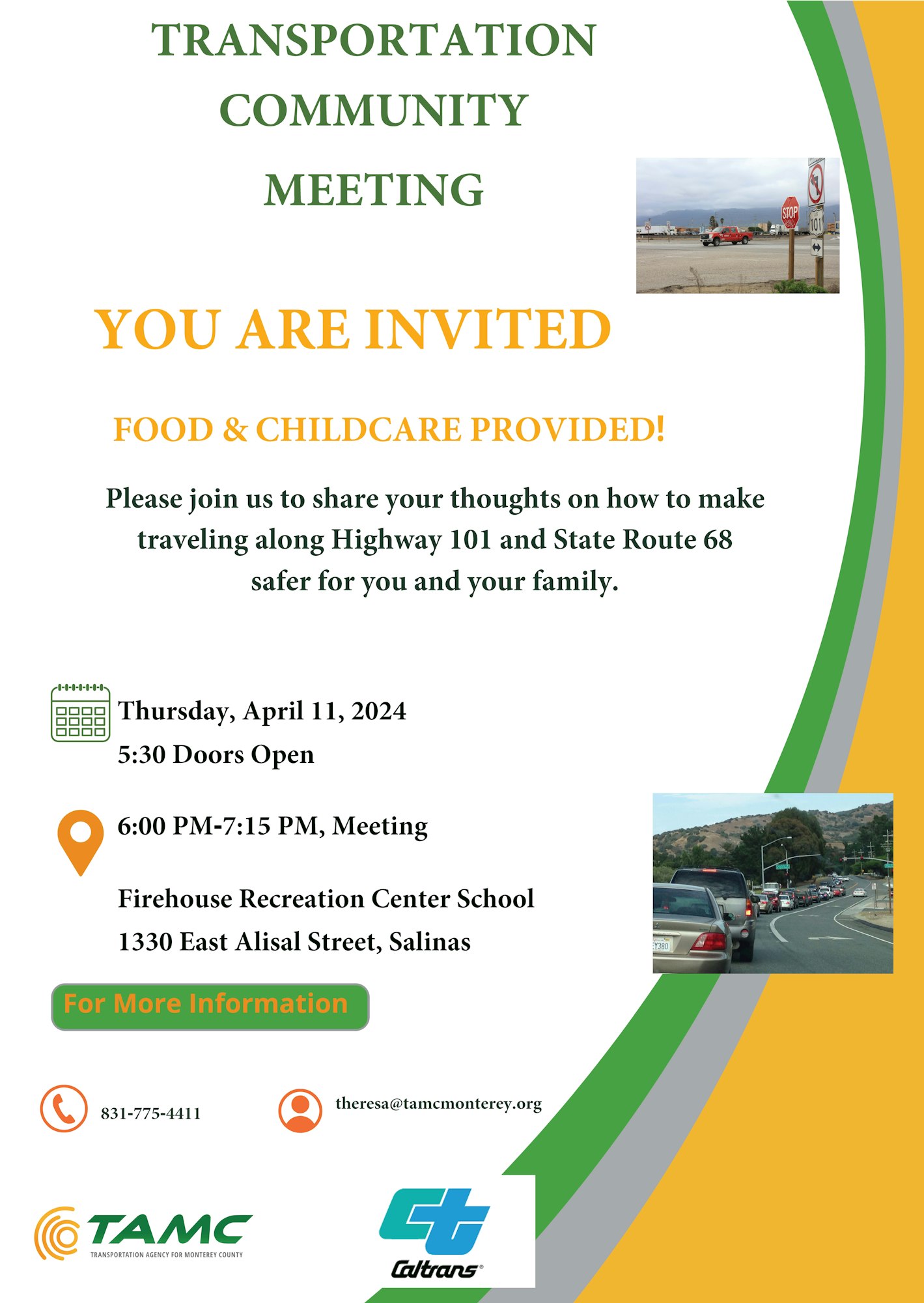 Invitation to a transportation community meeting on April 11, 2024, with food and childcare, to discuss safety on highways 101 and 68.