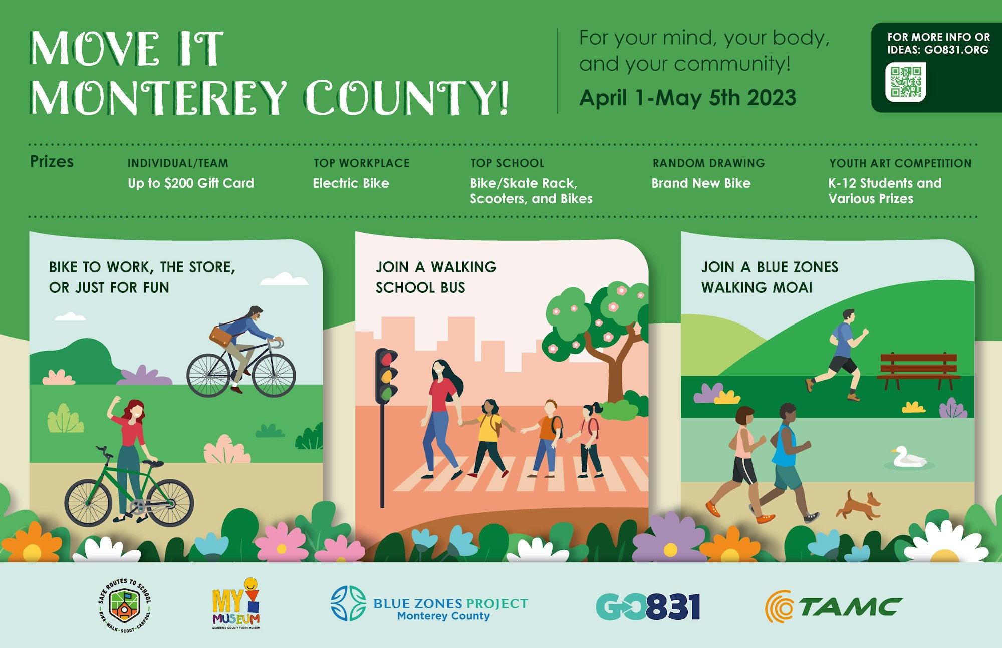 Poster with images of people riding bikes, walking and running