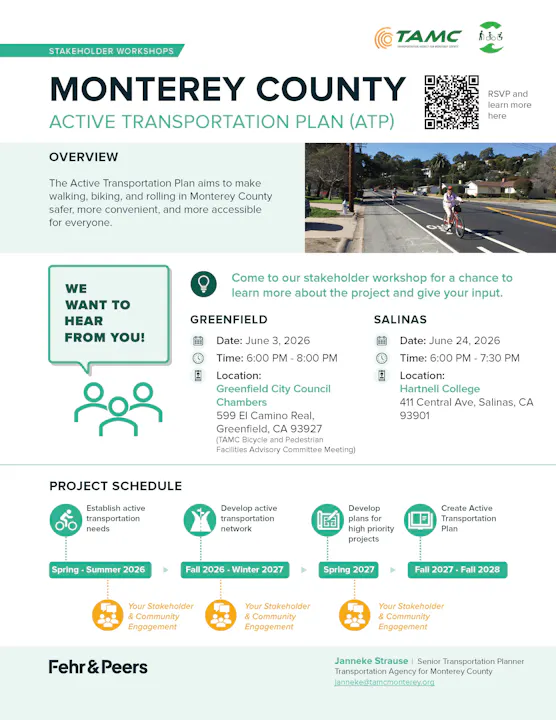 Monterey County’s Active Transportation Plan workshop: June 3 & 24, 2026. Focus on improving walking, biking, and rolling access.