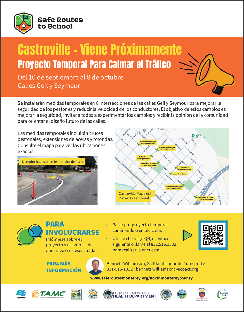 Flyer for a temporary traffic calming project in Castroville on Geil and Seymour streets from Sept 10 to Oct 8.