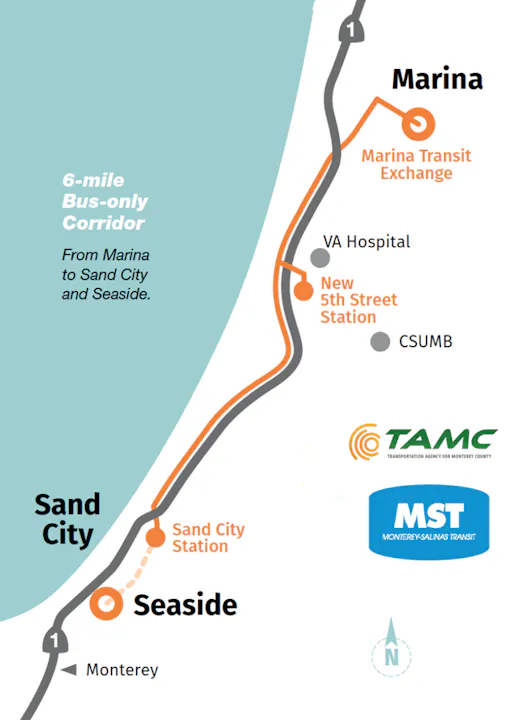 Map showing a 6-mile bus-only corridor from Marina to Sand City and Seaside, with transit stations and key locations marked.