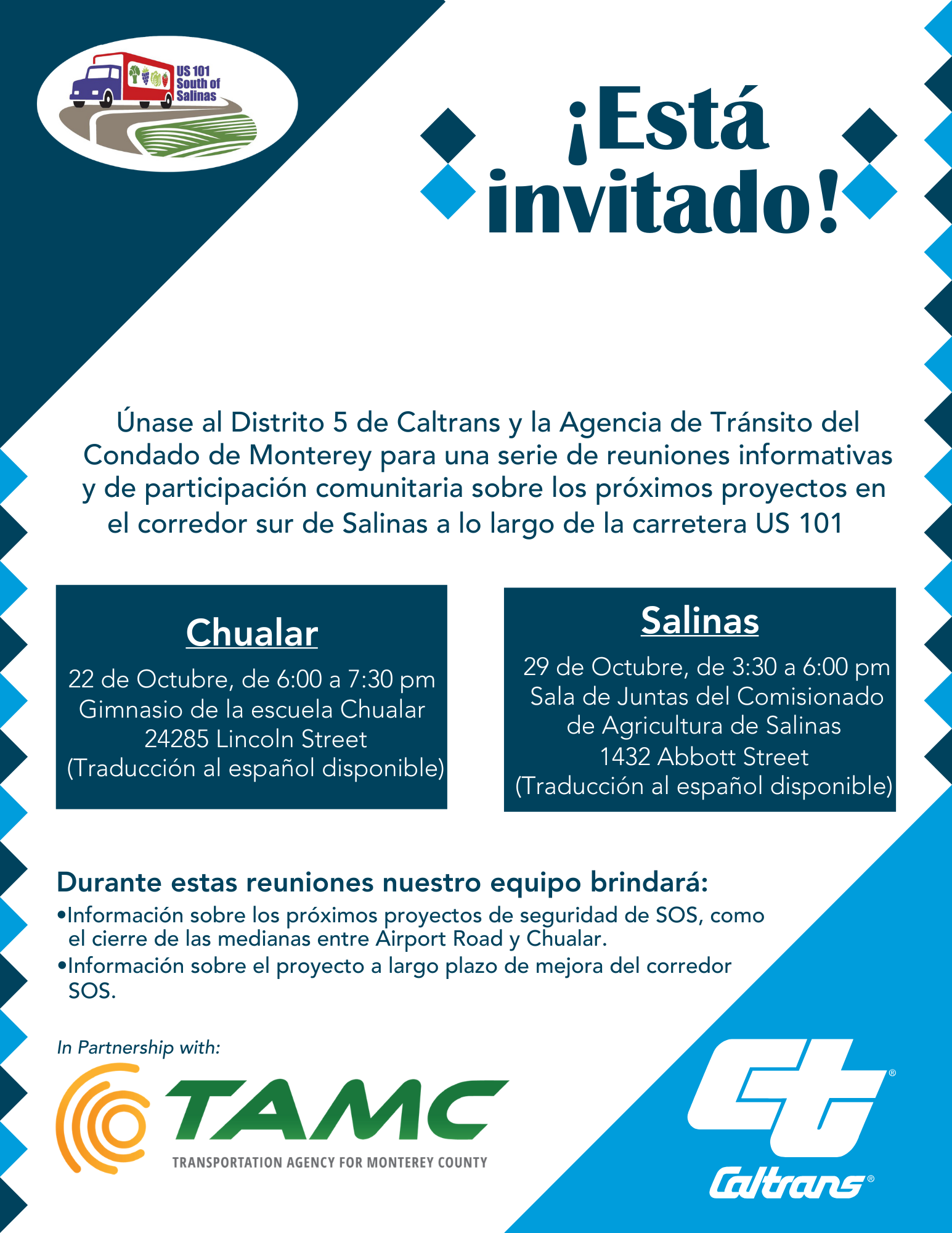 Community meetings about US 101 projects in Chualar on October 22 and Salinas on October 29, hosted by Caltrans and TAMC.