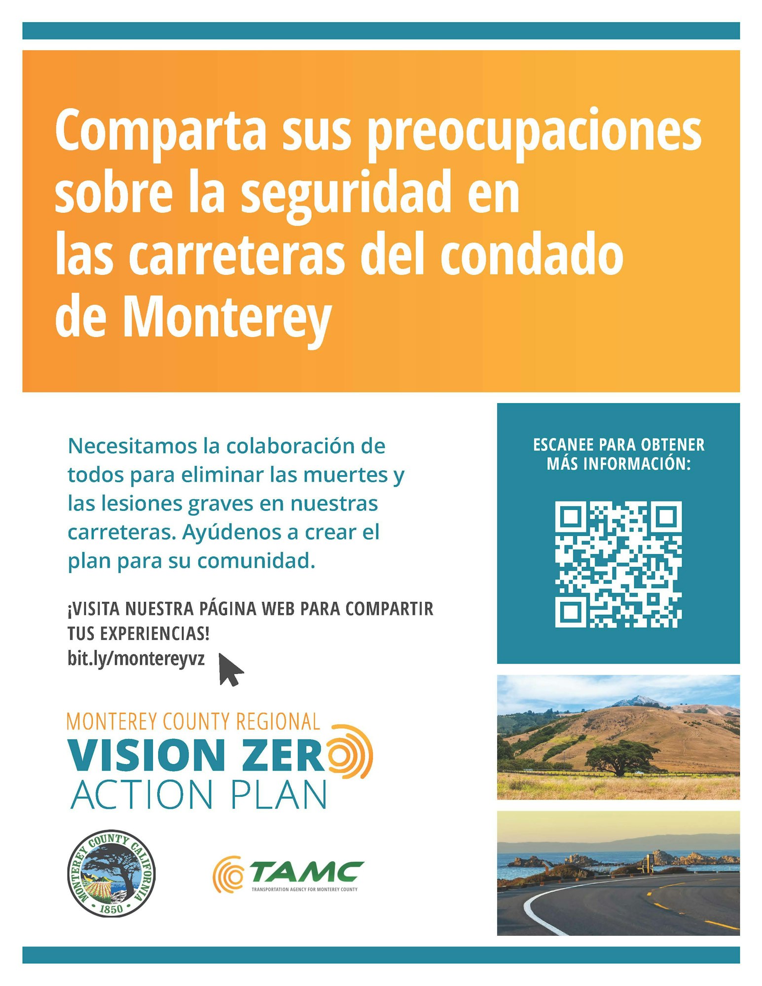 Public feedback request on Monterey County road safety for Vision Zero Action Plan. QR code and link for more info.
