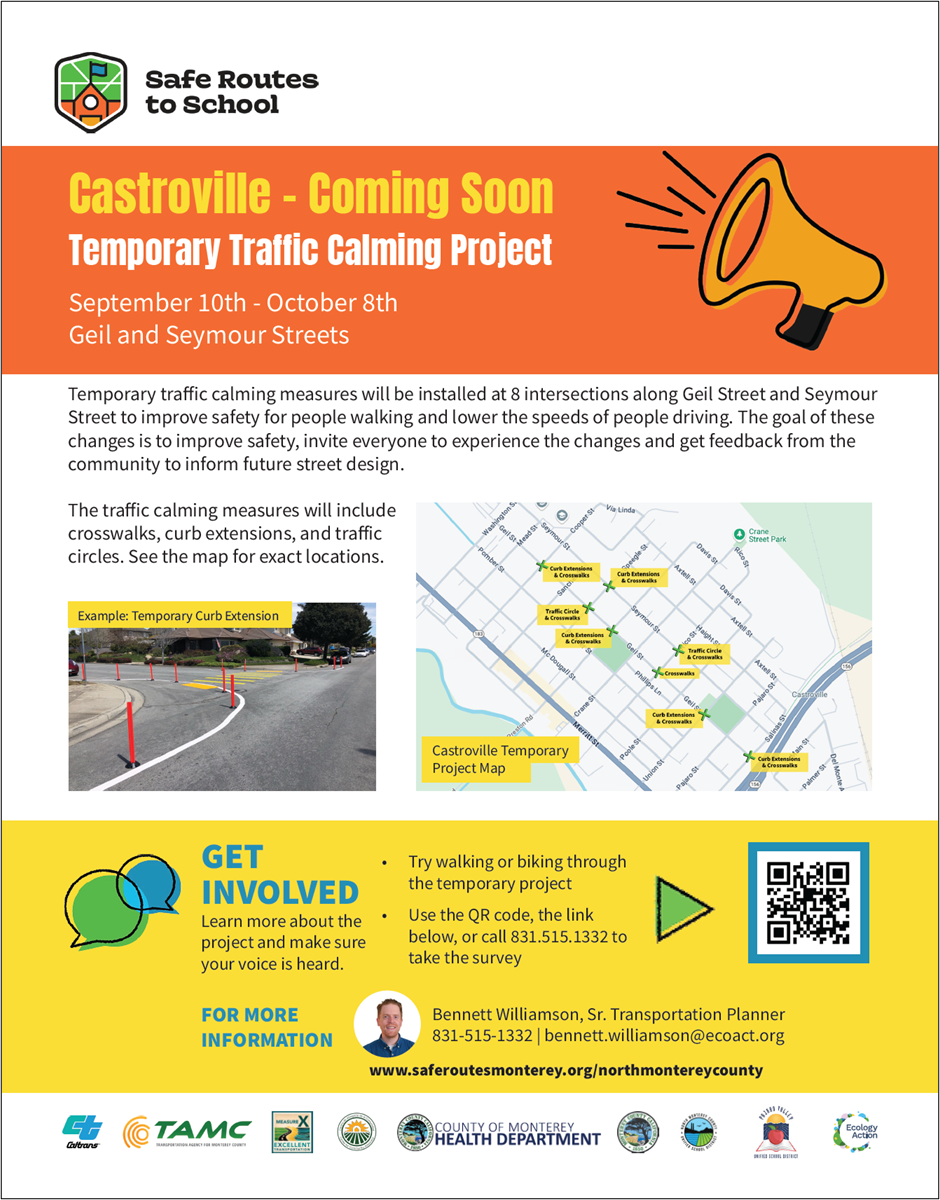 Announcement of a temporary traffic calming project in Castroville from Sept 10 to Oct 8, aimed at improving street safety.