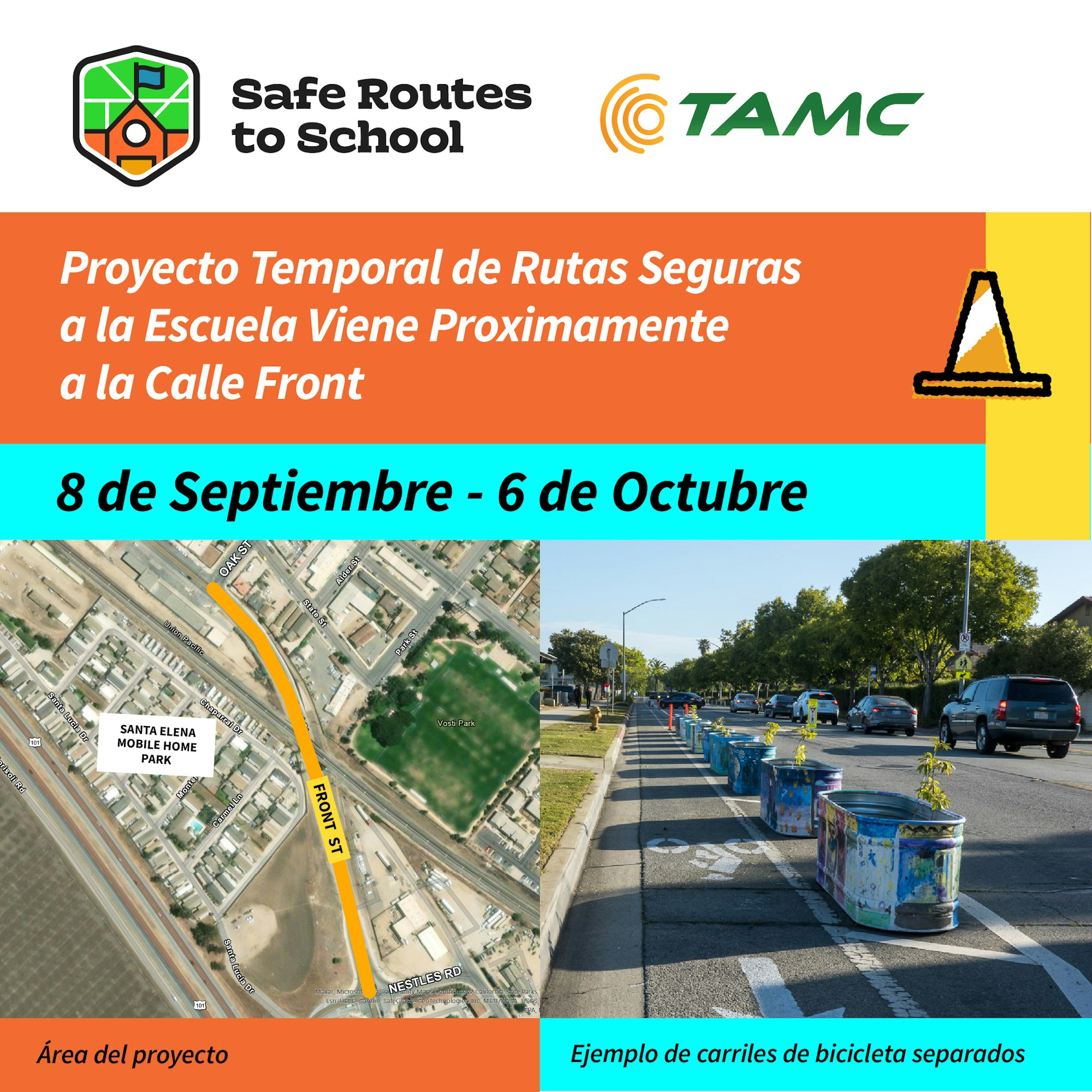 Safe Routes to School project from Sept 8 to Oct 6, near Front St, focusing on safe paths for students.