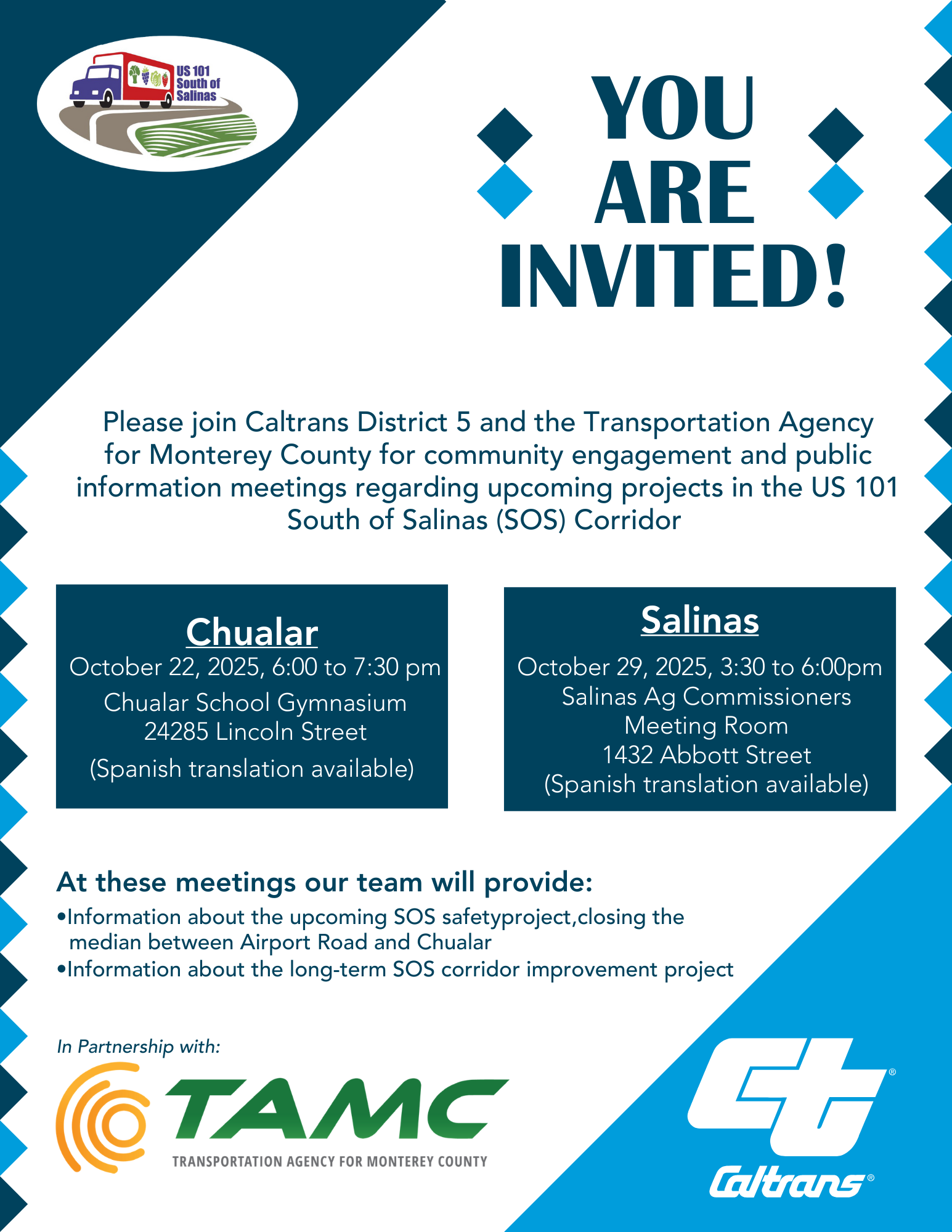 Public invitation for US 101 SOS Corridor meetings in Chualar and Salinas, with project details and Spanish translation available.