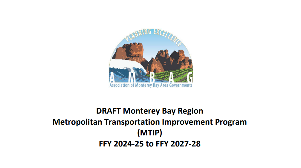Draft document cover for Monterey Bay Region Metropolitan Transportation Improvement Program for 2024-2028 with logo.