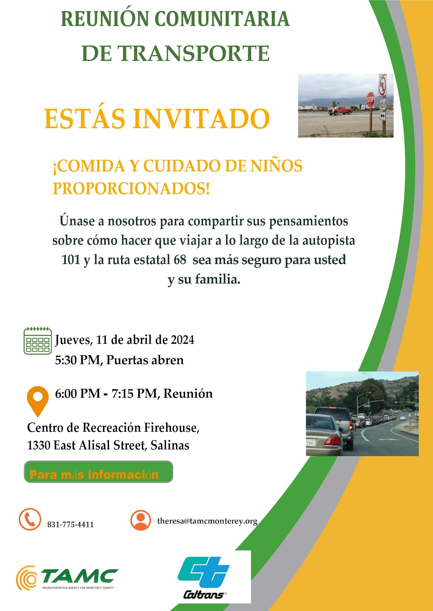 A Spanish flyer for a community transportation meeting on April 11, 2024, in Salinas, with food and childcare provided.