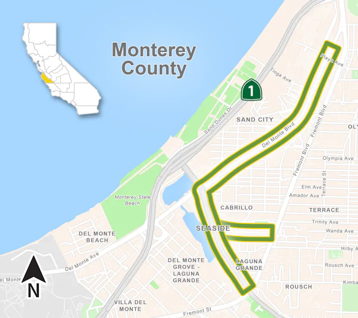 Map overview of Monterey County, California, highlighting the area around Seaside, Sand City, and nearby routes.