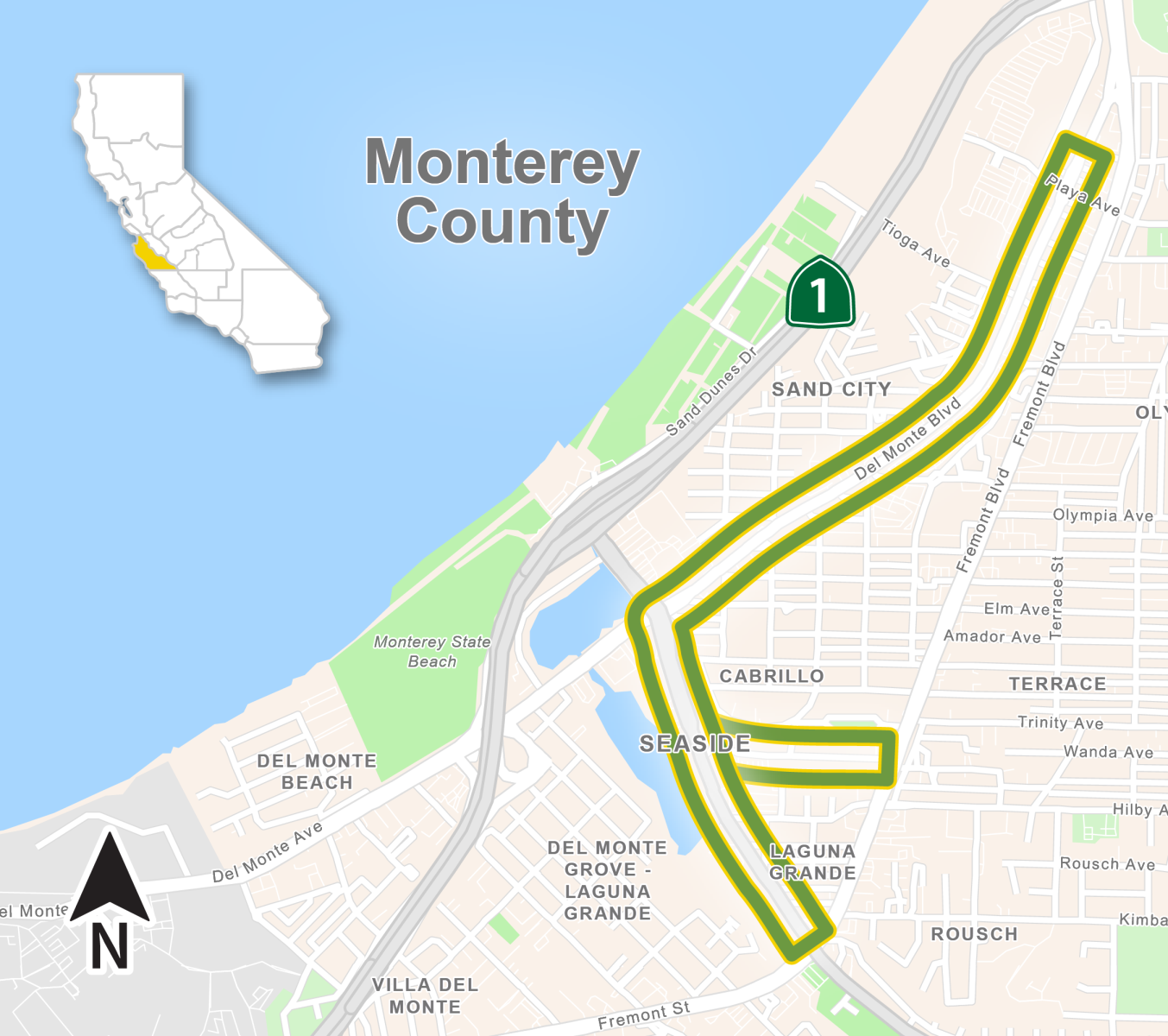 Map overview of Monterey County, California, highlighting the area around Seaside, Sand City, and nearby routes.