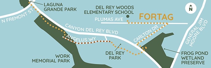 Map showing parks, schools, and trails in a region labeled "FORTAG," with roads and landmarks like Laguna Grande Park and Frog Pond Wetland Preserve.