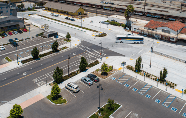 Drone image of the completed improvements at the Salinas train station.