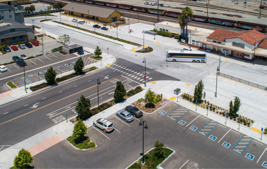 Drone image of the completed improvements at the Salinas train station.
