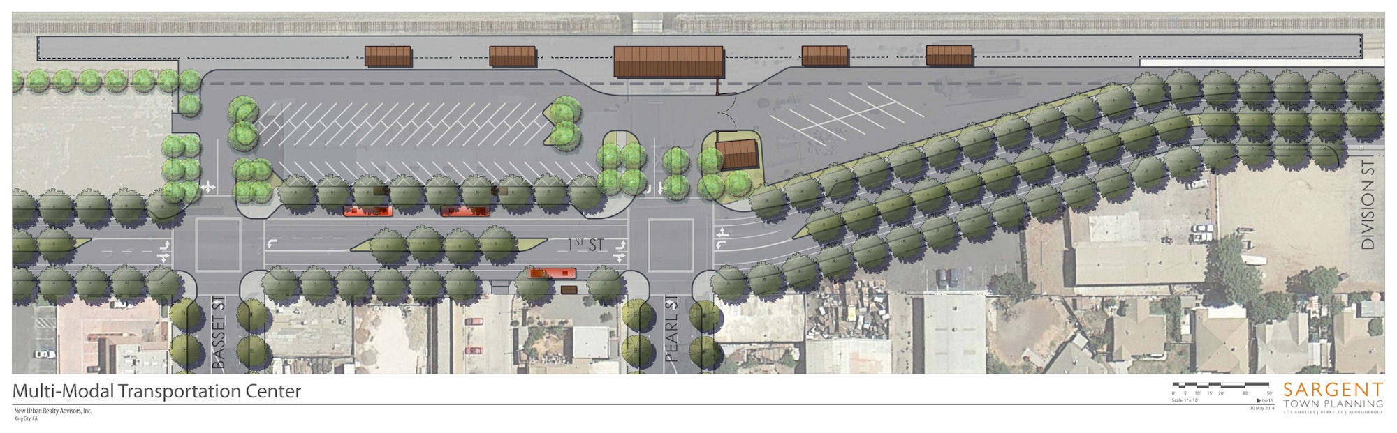 A plan for a Multi-Modal Transportation Center with parking, streets, trees, and bus shelters.