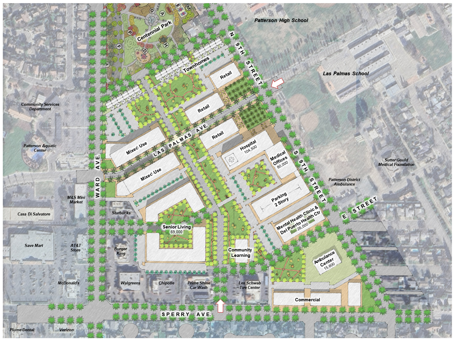 Aerial map showing a mixed-use development with retail, residential, medical offices, parks, parking, and schools.