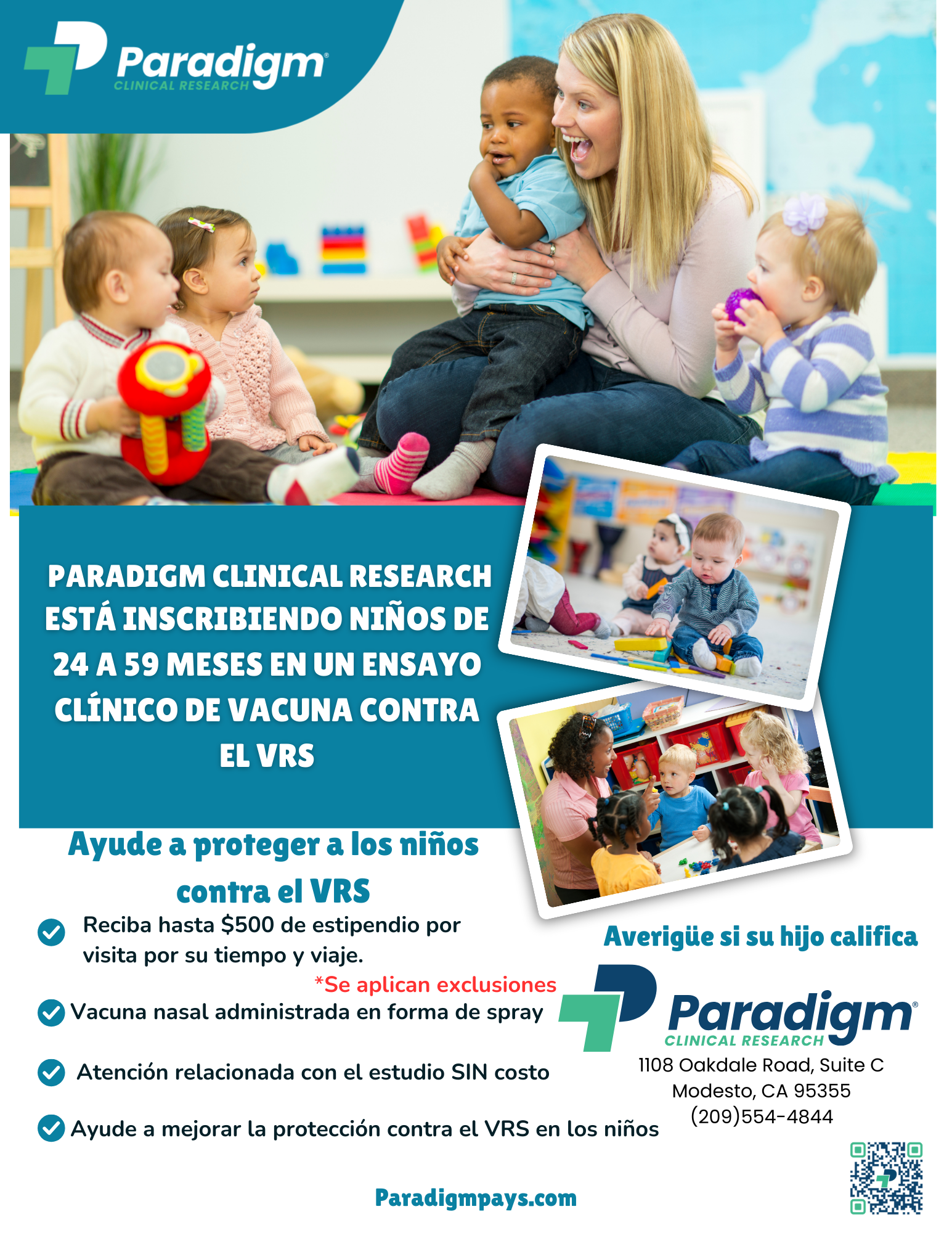 Children in a clinical trial for an RSV vaccine by Paradigm Clinical Research. Benefits include a stipend and free study-related care.