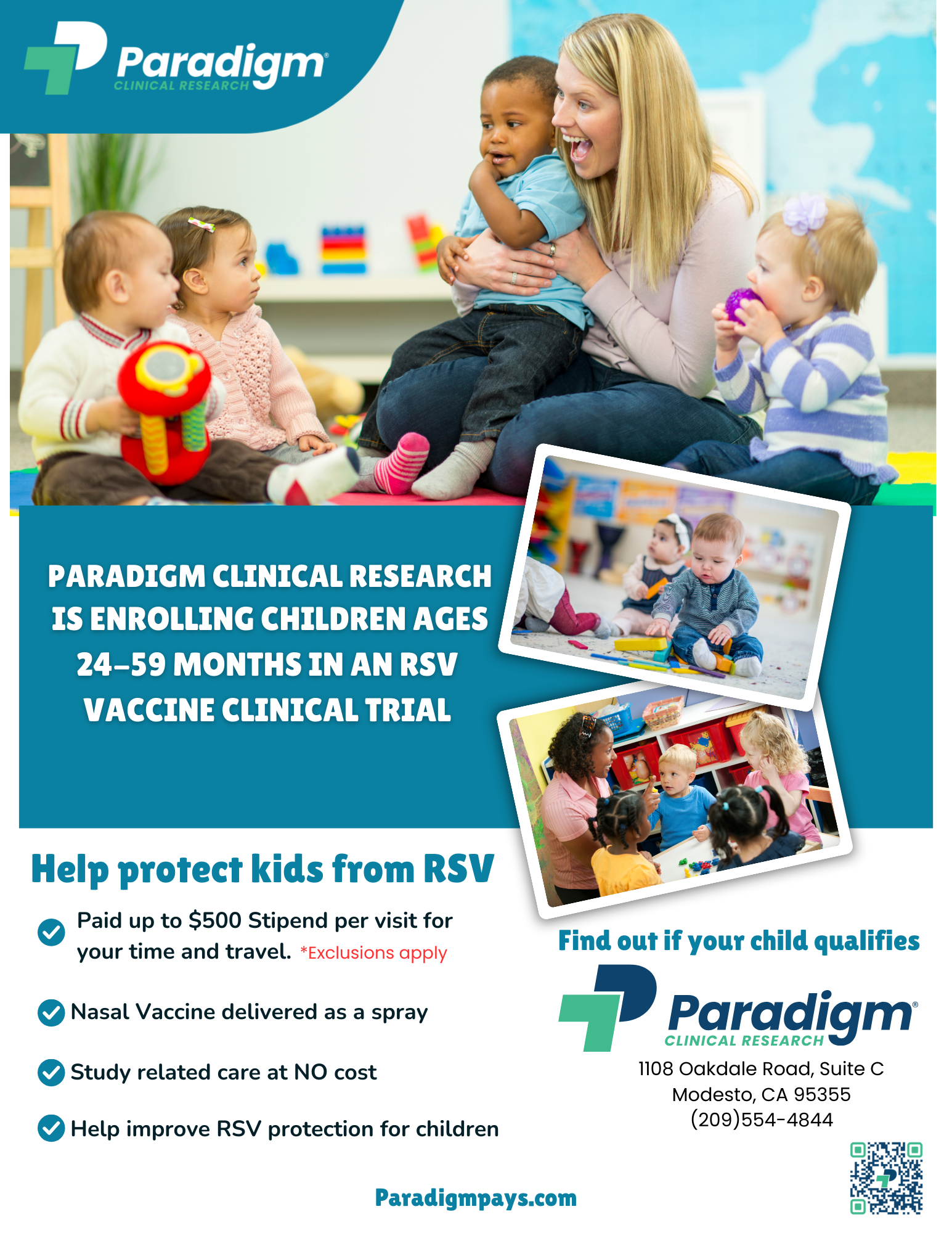 Paradigm Clinical Research is enrolling children in an RSV vaccine trial. Offers stipend, nasal vaccine, and care at no cost.