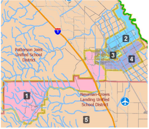The image is a map showing school district boundaries, labeled with numbers in a geographic area, near an interstate.