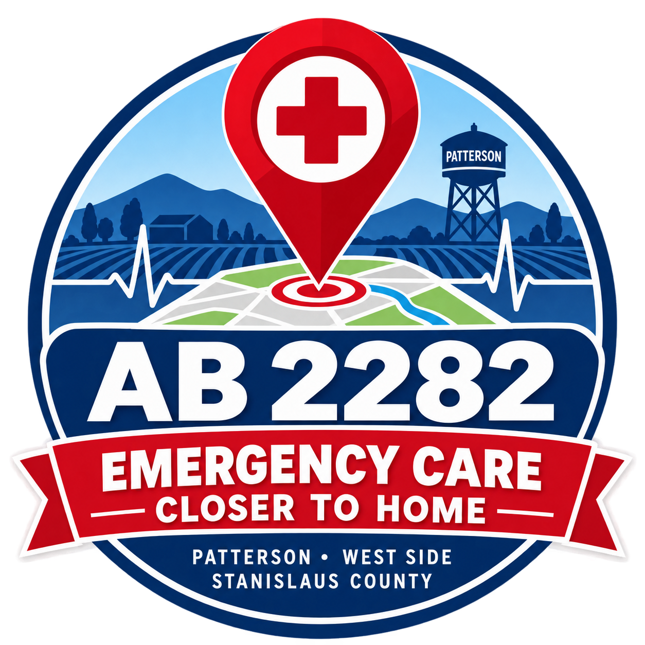 The image features a logo for AB 2282, promoting emergency care in Patterson, Stanislaus County, with a medical symbol and local landscape.