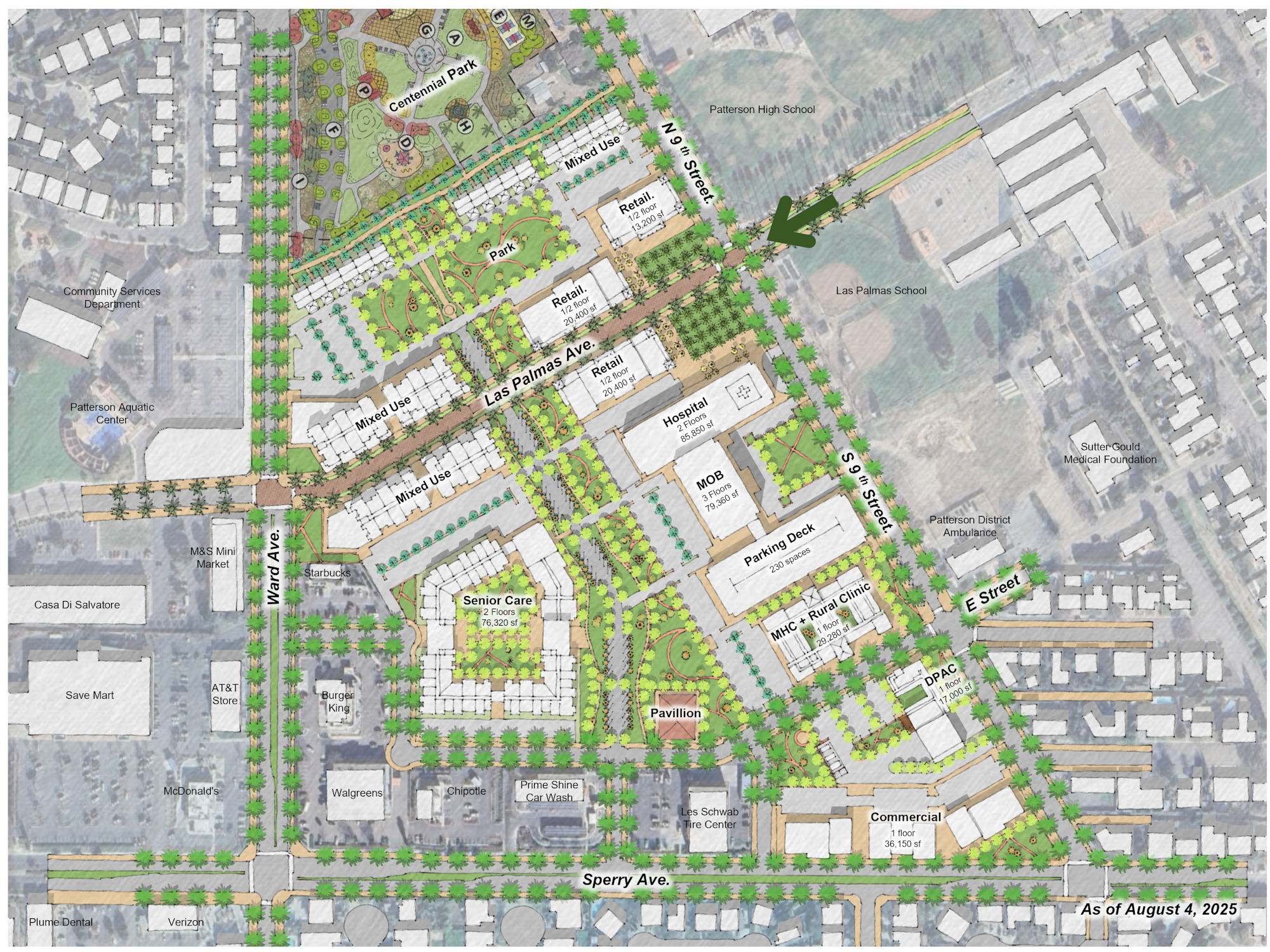 Master plan of an urban area with parks, medical facilities, retail spaces, and mixed-use buildings, labeled roads, and green spaces.