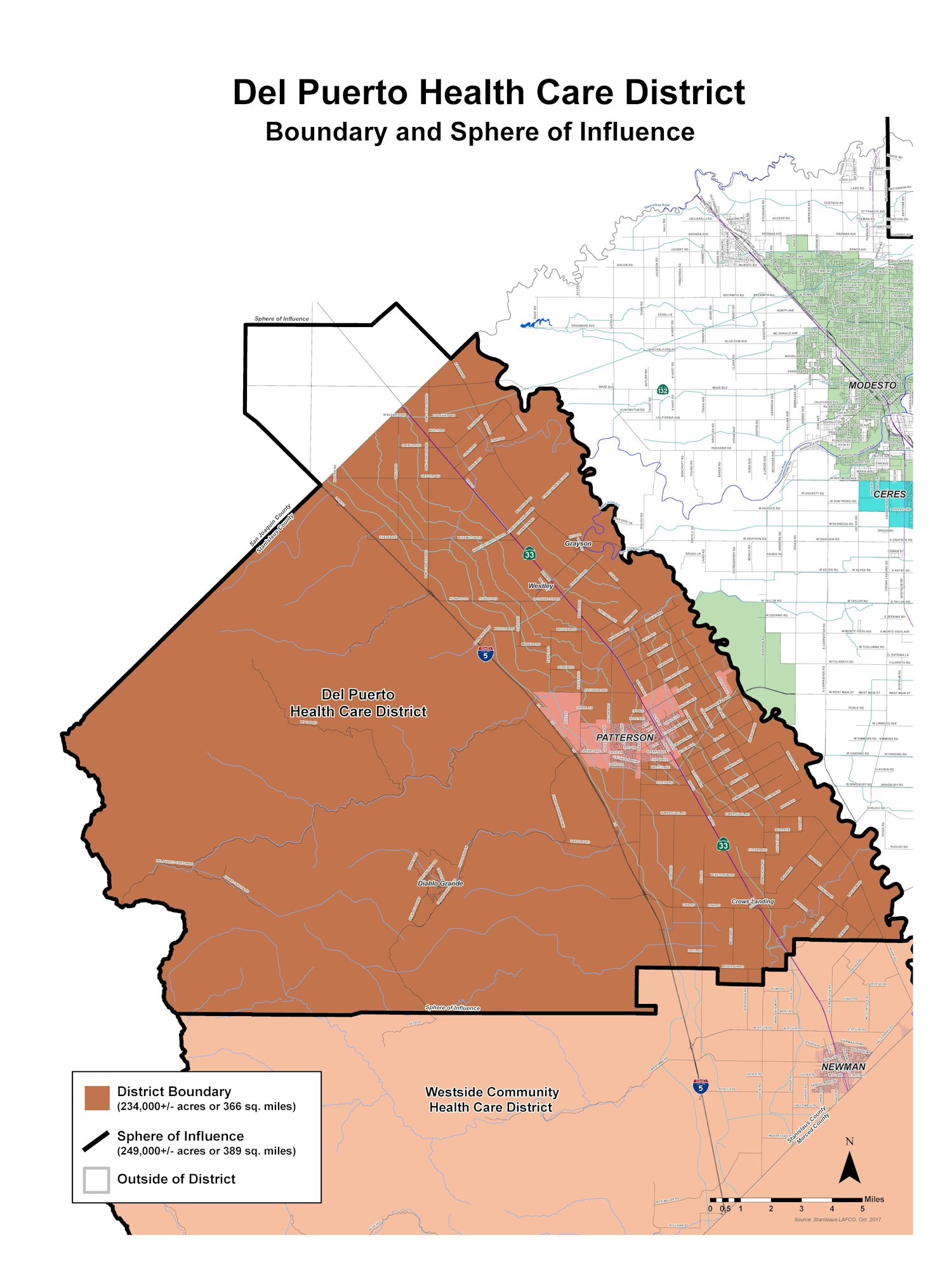 The map above represents the coverage of the Del Puerto Health Care District's impacts on the surrounding area. Brown: District Boundary (234,000 +/- acres or 366 square miles) Black outline: Sphere of Influence (249,000 +/- acres or 389 square miles)