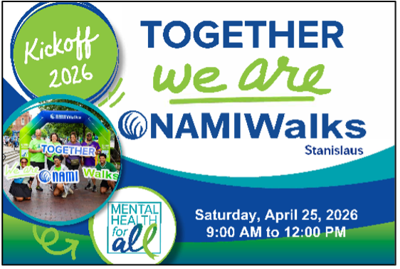NAMIWalks Stanislaus event on April 25, 2026, promoting mental health awareness. Time: 9 AM - 12 PM.