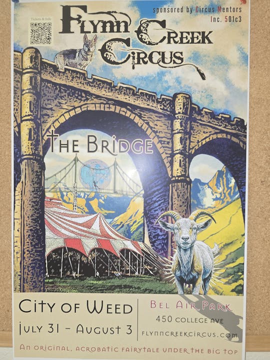 Circus poster for "Flynn Creek Circus: The Bridge," featuring a goat, a big top tent, and event details.