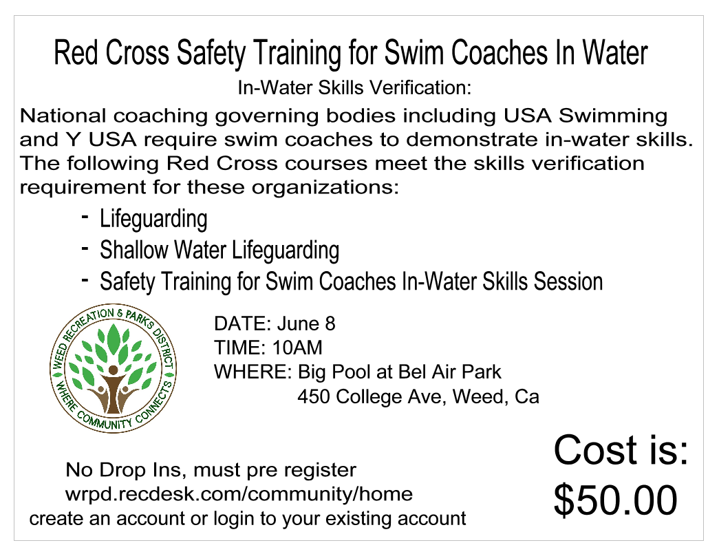 Flyer for Red Cross Safety Training for Swim Coaches on June 8, 10 AM at Big Pool at Bel Air Park for $50. Pre-registration required.