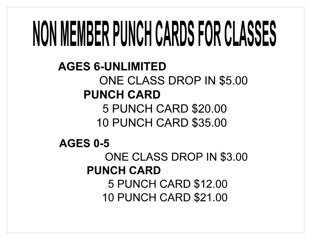 The image displays punch card pricing for classes: Ages 6+ (drop-in $5) and Ages 0-5 (drop-in $3), with bulk options available.