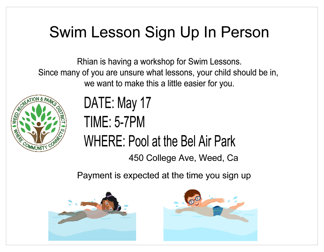 A flyer for in-person swim lesson sign-up on May 17, 5-7 PM at the Bel Air Park pool, with illustrations of kids swimming.
