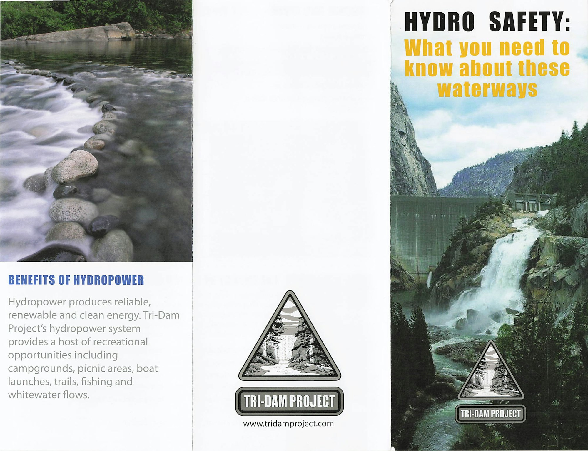 The image features a brochure on hydropower benefits, highlighting renewable energy and recreational opportunities near waterways.