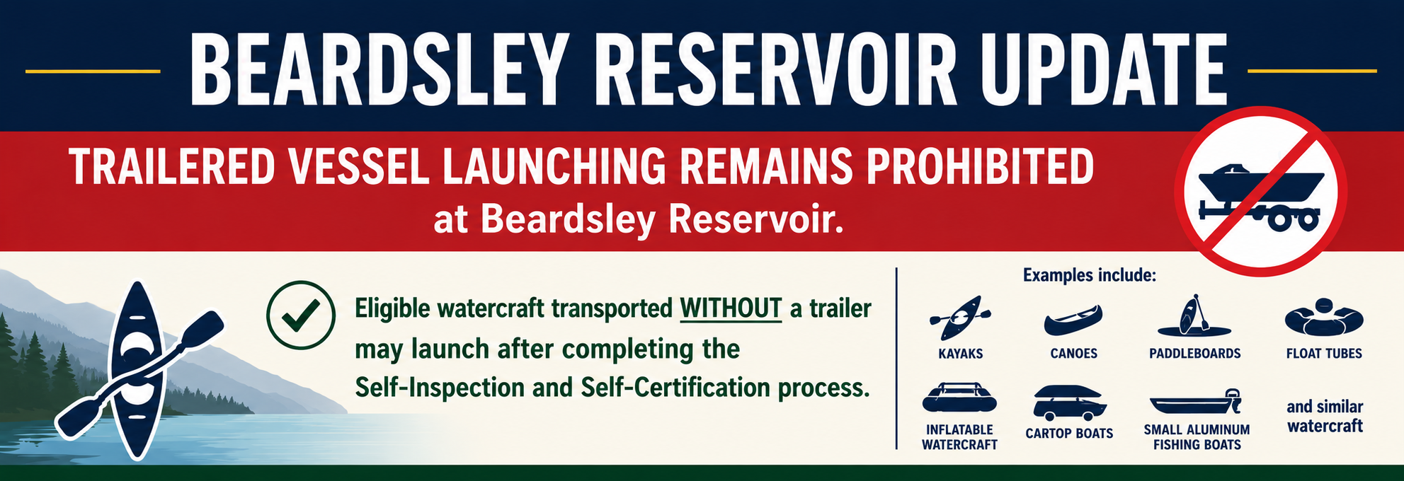 Beardsley Reservoir prohibits launching trailer boats. Only eligible craft without trailers may launch after proper inspection.