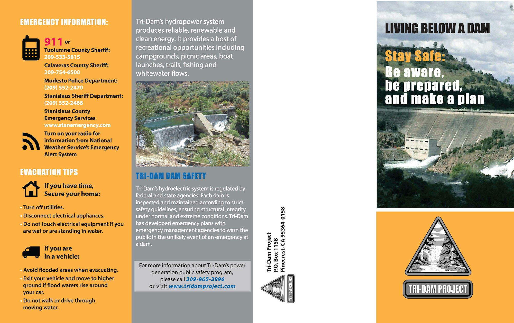 The image is a brochure for the Tri-Dam project, focusing on dam safety, emergency contacts, and evacuation tips.