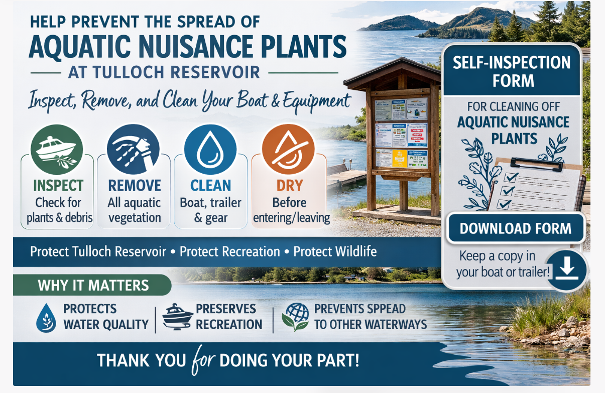 The image promotes preventing aquatic nuisance plants at Tulloch Reservoir. It advises inspecting, removing, cleaning, and drying boats and equipment.