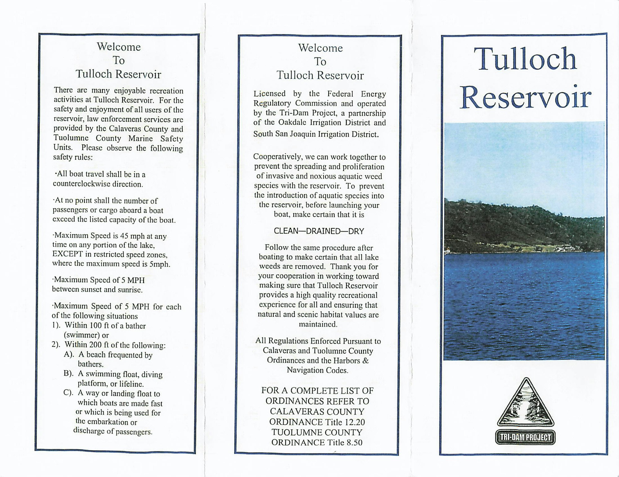The image is a pamphlet for Tulloch Reservoir, outlining safety rules and regulations for boating and recreational activities.