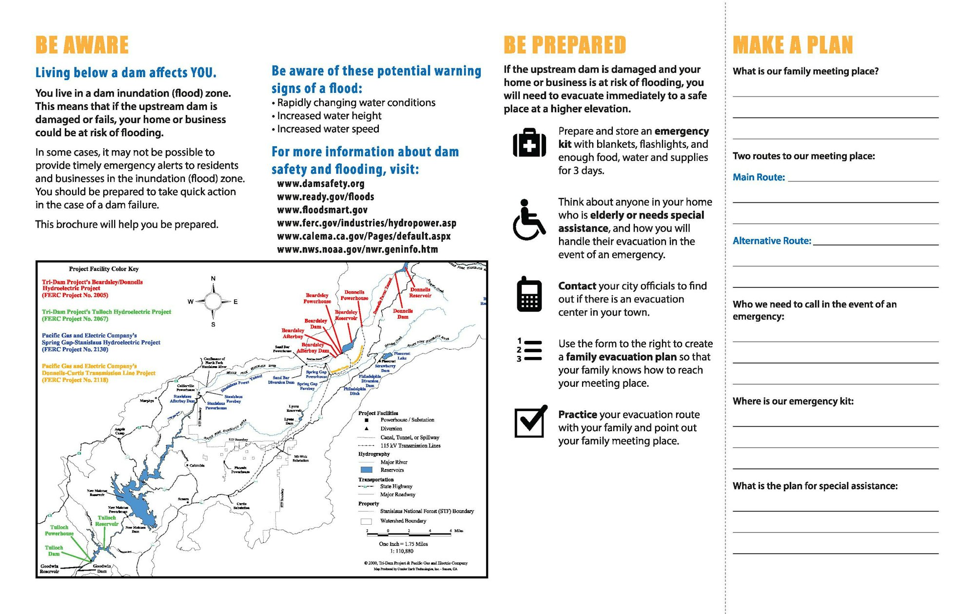 The image is a brochure about dam safety, flood warnings, and preparedness, including safety tips and evacuation planning.