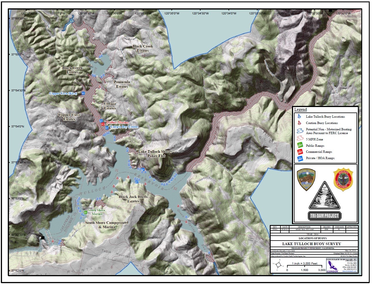 A detailed topographic map showing Lake Tulloch area with buoy locations, legends, and symbols for ramps and zones.