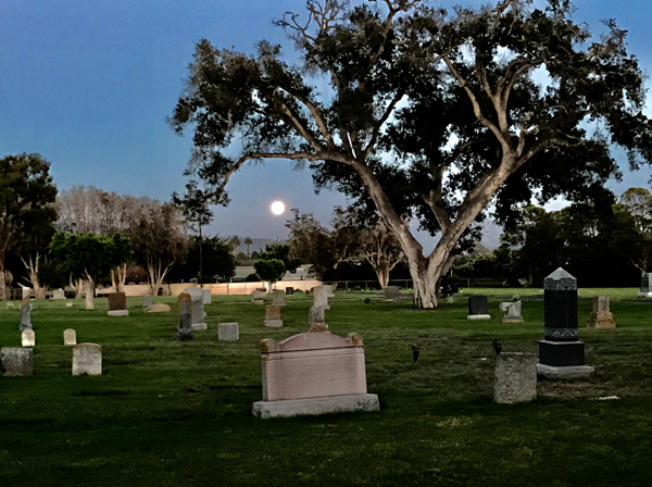 Photo of a cemetery at night and a full moon