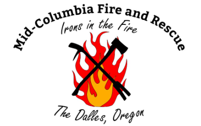 Logo for Mid-Columbia Fire and Rescue with crossed axes, flames, and text "Irons in the Fire, The Dalles, Oregon."