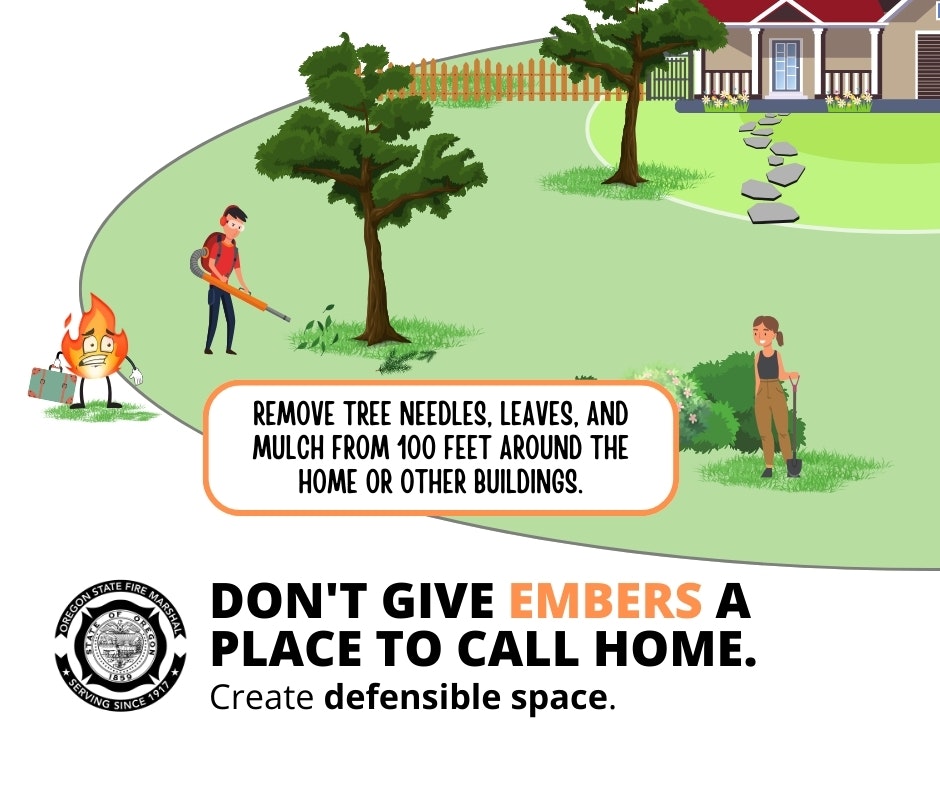 Clear leaves and mulch 100ft around buildings. "Don't give embers a place to call home." Create defensible space.