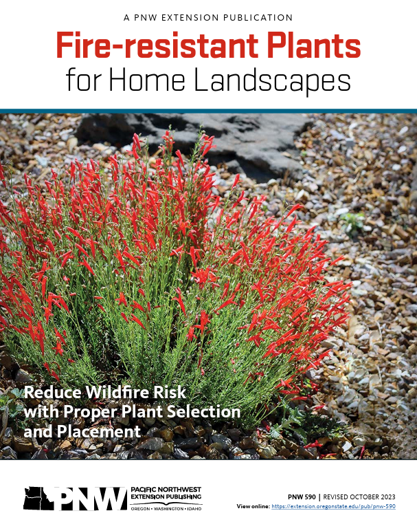 Cover of a publication about fire-resistant plants for home landscapes, featuring a plant with red flowers and gravel background.