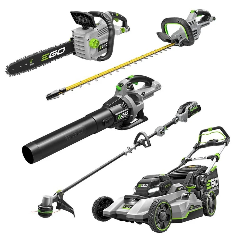 A collection of EGO power tools: chainsaw, hedge trimmer, leaf blower, string trimmer, and lawn mower.