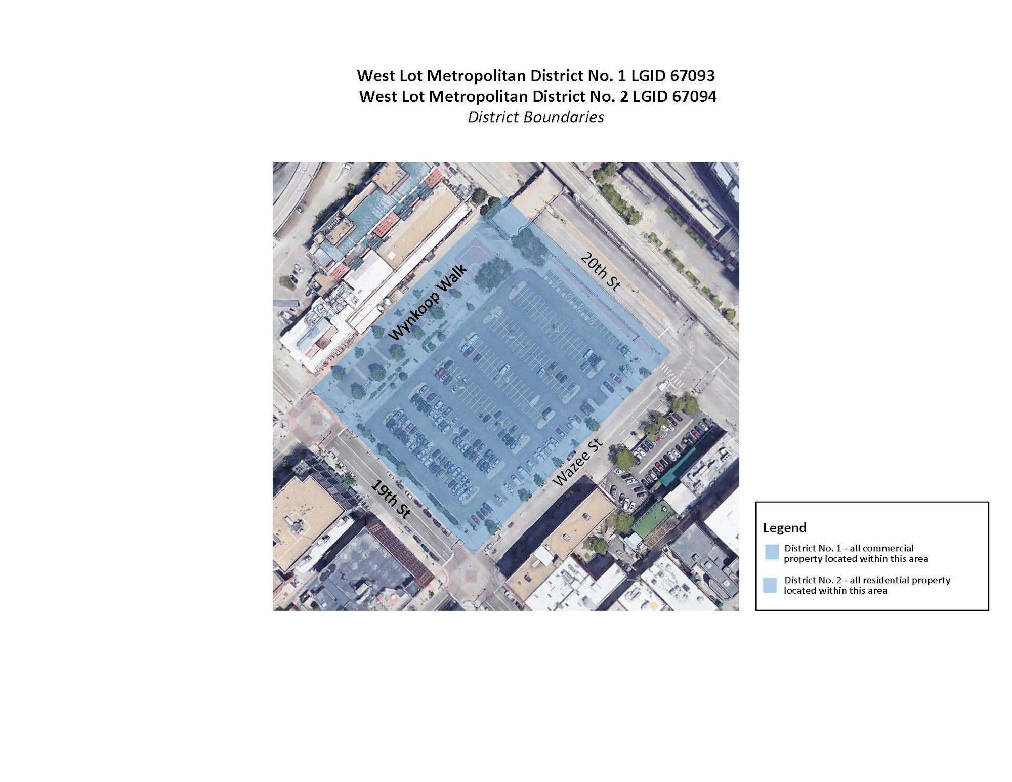 A map of the boundaries of West Lot Metropolitan Districts 1 & 2, generally located west of Wazee St. and north of 19th St.