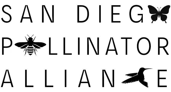 The image features the text "San Diego Pollinator Alliance" with illustrations of a butterfly, bee, and hummingbird.