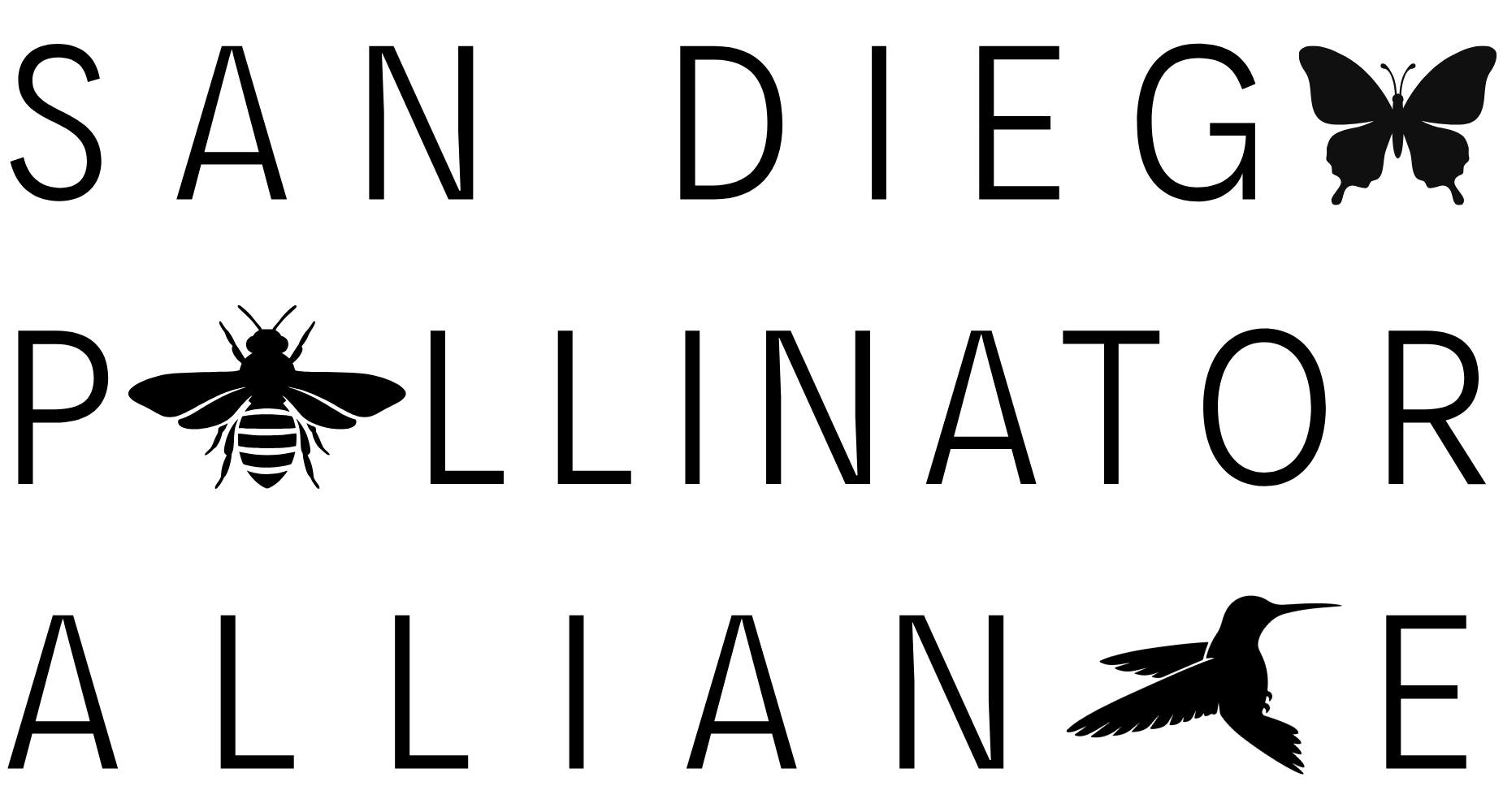 The image features the text "San Diego Pollinator Alliance" with illustrations of a butterfly, bee, and hummingbird.